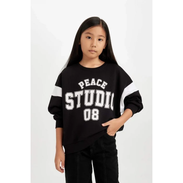 D6641 Relax Fit Bisiklet Yaka Baskılı Sweatshirt