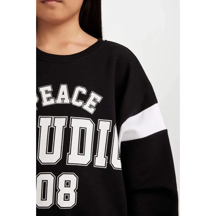 D6641 Relax Fit Bisiklet Yaka Baskılı Sweatshirt