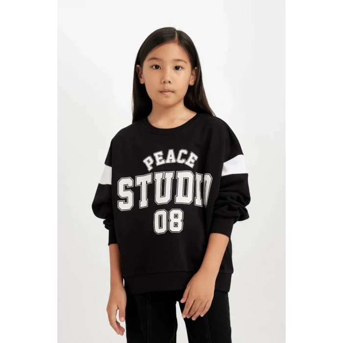 D6641 Relax Fit Bisiklet Yaka Baskılı Sweatshirt