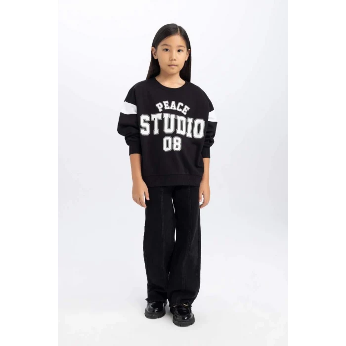 D6641 Relax Fit Bisiklet Yaka Baskılı Sweatshirt