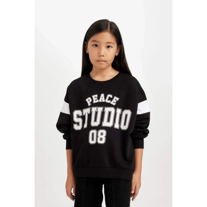 D6641 Relax Fit Bisiklet Yaka Baskılı Sweatshirt