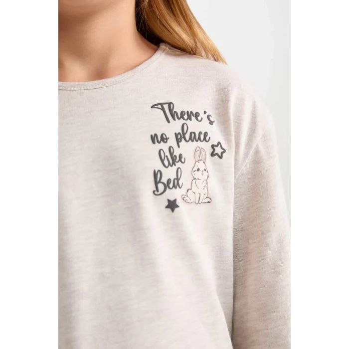 D6656 Pijama Takımı Bisiklet Yaka Baskılı Uzun Kollu Üst Beli Lastikli Uzun Alt