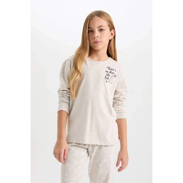 D6656 Pijama Takımı Bisiklet Yaka Baskılı Uzun Kollu Üst Beli Lastikli Uzun Alt