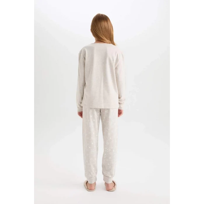 D6656 Pijama Takımı Bisiklet Yaka Baskılı Uzun Kollu Üst Beli Lastikli Uzun Alt