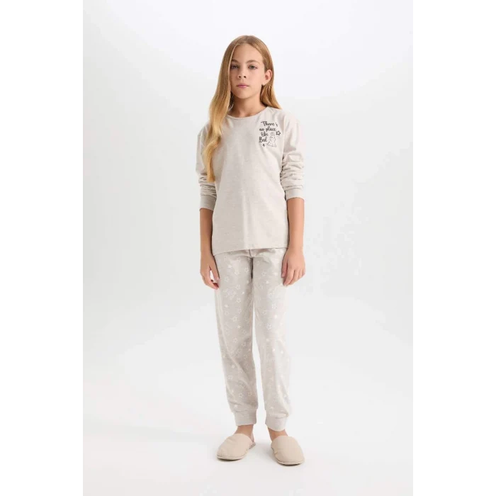 D6656 Pijama Takımı Bisiklet Yaka Baskılı Uzun Kollu Üst Beli Lastikli Uzun Alt