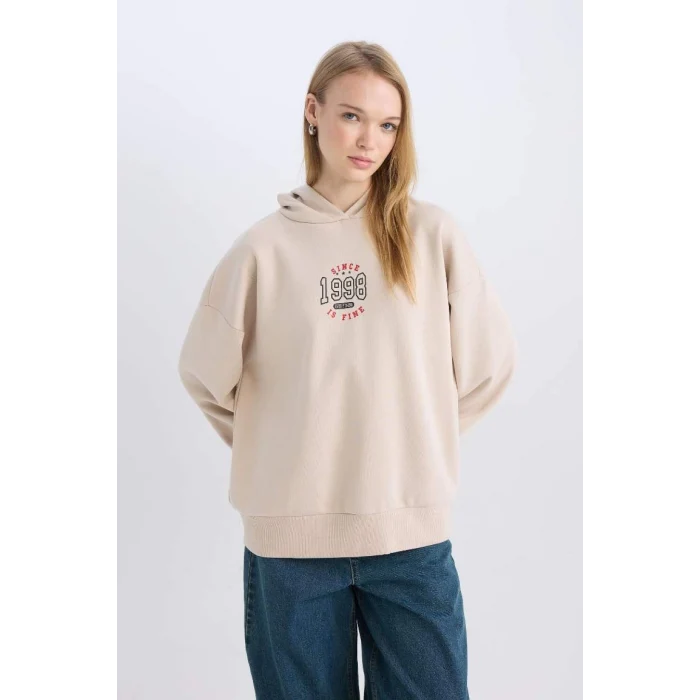 D6671 Coool Loose Fit Baskılı Kapüşonlu Sweatshirt