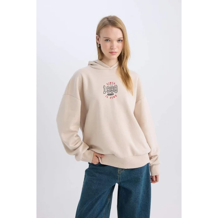 D6671 Coool Loose Fit Baskılı Kapüşonlu Sweatshirt