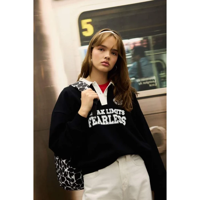 D6693 Coool Oversize Fit Polo Yaka Sweatshirt