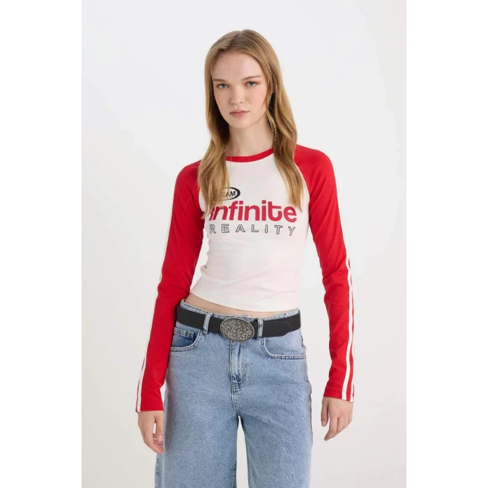 D6698 Coool Fitted Dar Kesim Bisiklet Yaka Baskılı Uzun Kollu Tişört