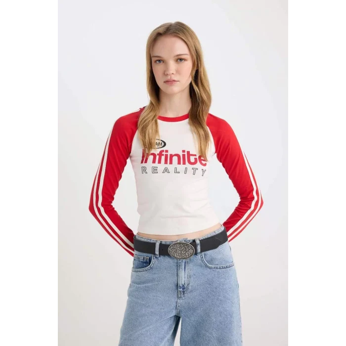 D6698 Coool Fitted Dar Kesim Bisiklet Yaka Baskılı Uzun Kollu Tişört