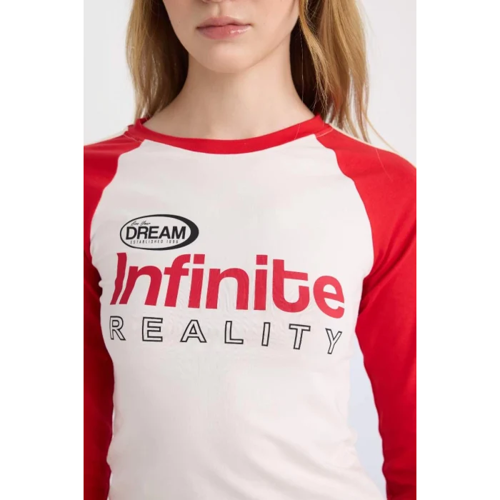 D6698 Coool Fitted Dar Kesim Bisiklet Yaka Baskılı Uzun Kollu Tişört