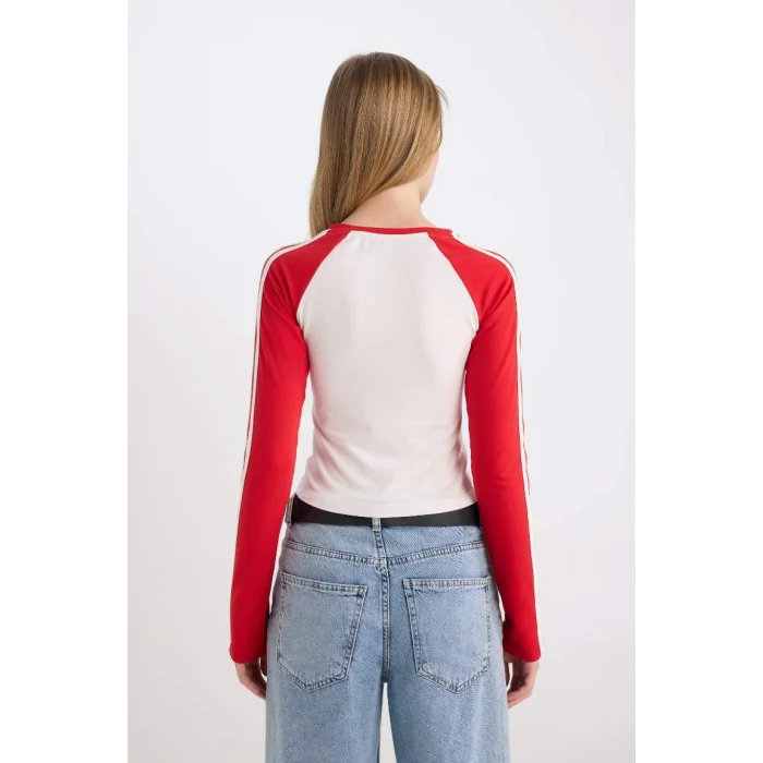 D6698 Coool Fitted Dar Kesim Bisiklet Yaka Baskılı Uzun Kollu Tişört