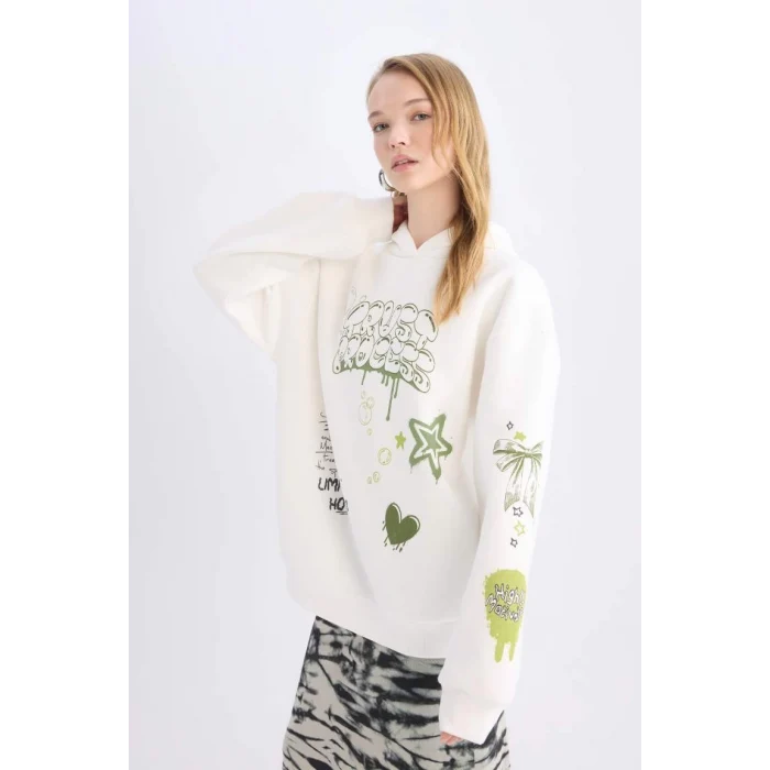 D6705 Coool Oversize Geniş Kalıp Kapüşonlu Sırt Baskılı Kalın Sweatshirt