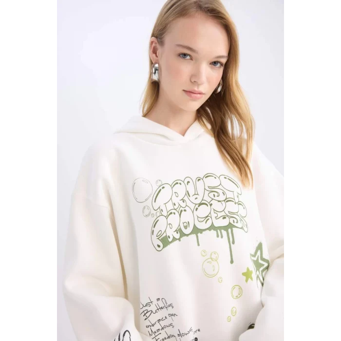 D6705 Coool Oversize Geniş Kalıp Kapüşonlu Sırt Baskılı Kalın Sweatshirt