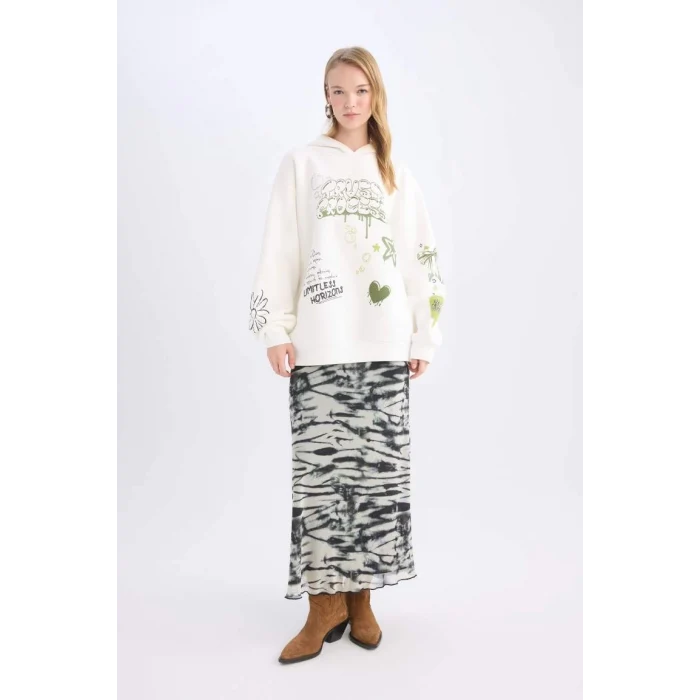 D6705 Coool Oversize Geniş Kalıp Kapüşonlu Sırt Baskılı Kalın Sweatshirt