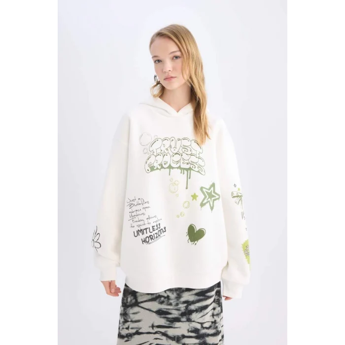D6705 Coool Oversize Geniş Kalıp Kapüşonlu Sırt Baskılı Kalın Sweatshirt