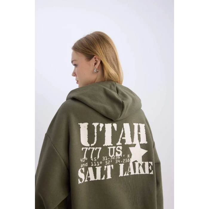 D6751 Coool Oversize Geniş Kalıp Kapüşonlu Sırt Baskılı Kalın Sweatshirt