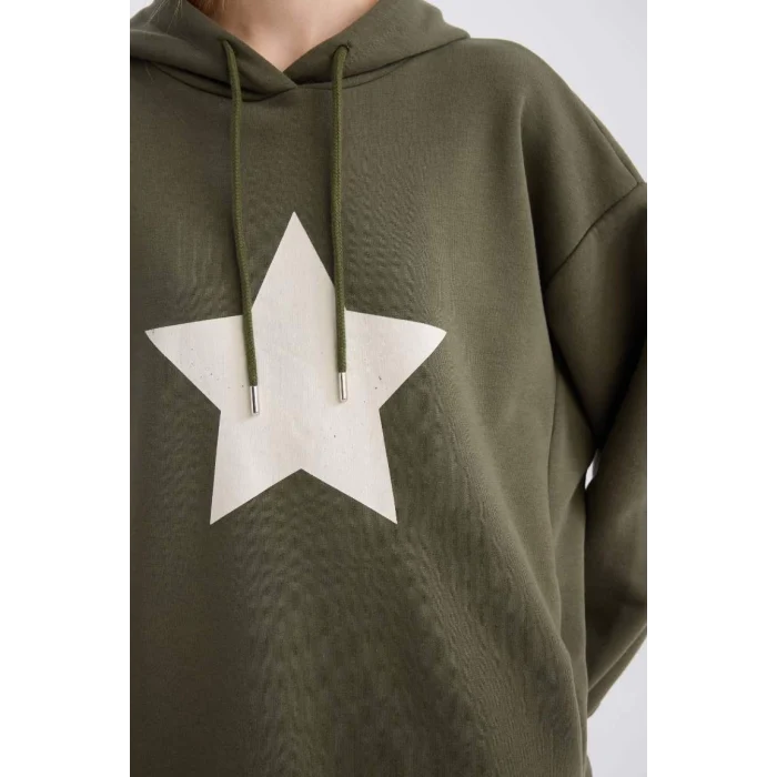 D6751 Coool Oversize Geniş Kalıp Kapüşonlu Sırt Baskılı Kalın Sweatshirt
