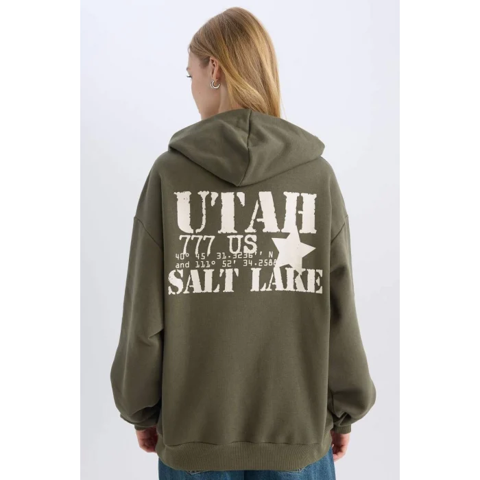 D6751 Coool Oversize Geniş Kalıp Kapüşonlu Sırt Baskılı Kalın Sweatshirt