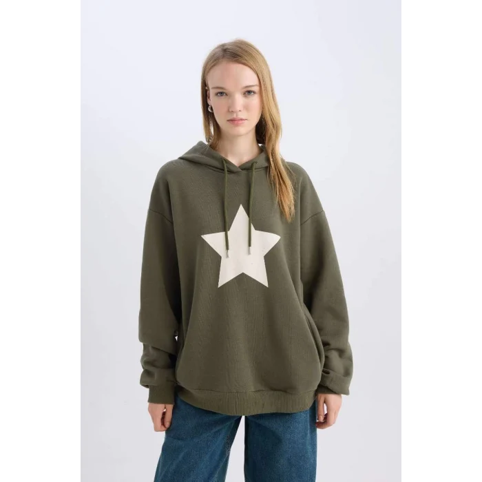 D6751 Coool Oversize Geniş Kalıp Kapüşonlu Sırt Baskılı Kalın Sweatshirt