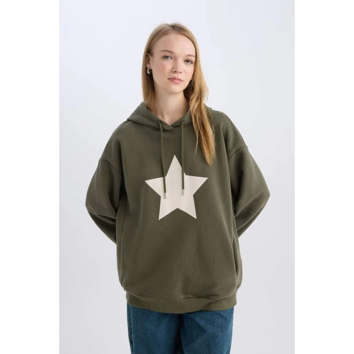 D6751 Coool Oversize Geniş Kalıp Kapüşonlu Sırt Baskılı Kalın Sweatshirt