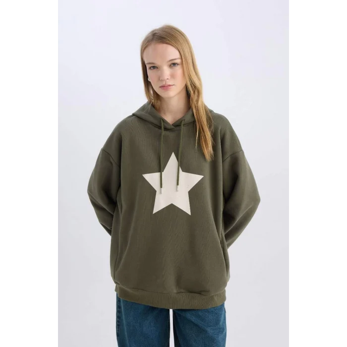 D6751 Coool Oversize Geniş Kalıp Kapüşonlu Sırt Baskılı Kalın Sweatshirt