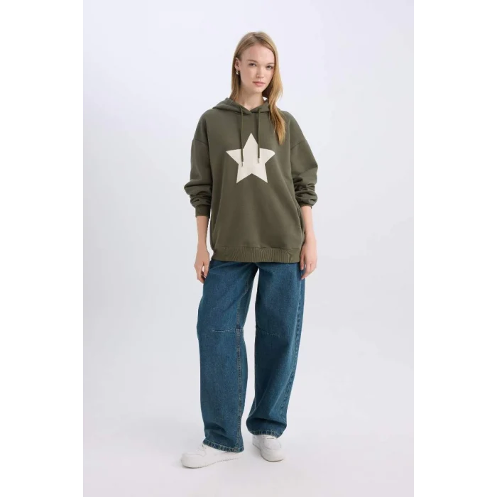 D6751 Coool Oversize Geniş Kalıp Kapüşonlu Sırt Baskılı Kalın Sweatshirt