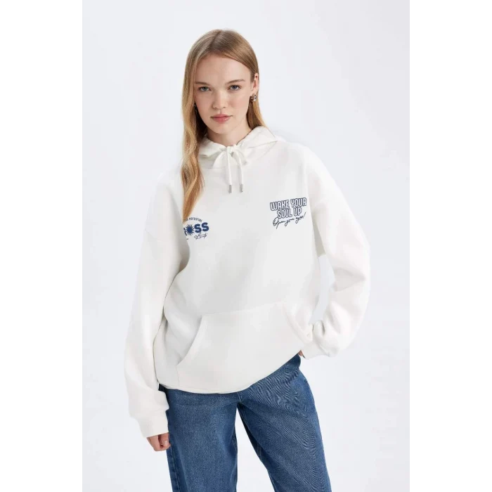 D6878 Oversize Fit Kapüşonlu Sırt Baskılı Sweatshirt
