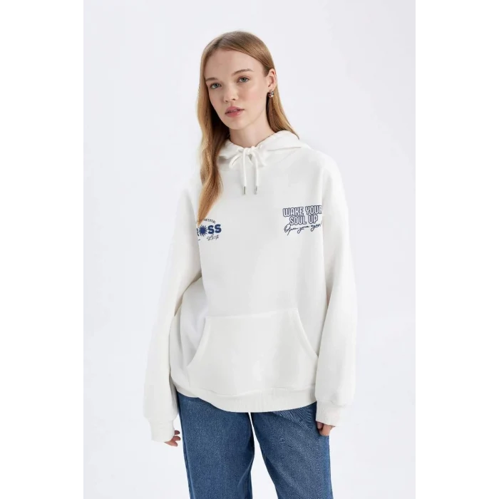 D6878 Oversize Fit Kapüşonlu Sırt Baskılı Sweatshirt