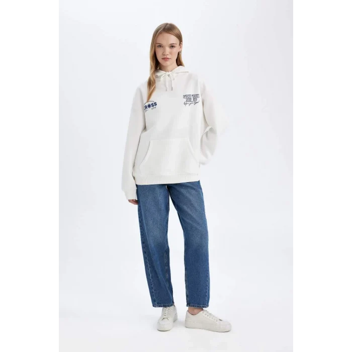 D6878 Oversize Fit Kapüşonlu Sırt Baskılı Sweatshirt