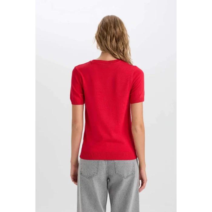 D6916 Regular Fit Bisiklet Yaka Kırmızı Kısa Kollu Triko Kazak