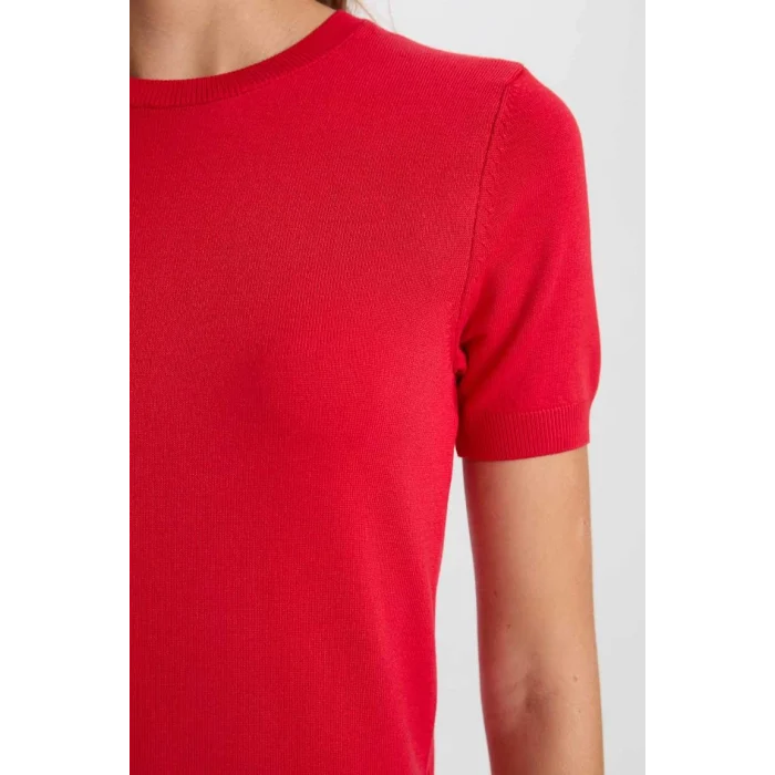 D6916 Regular Fit Bisiklet Yaka Kırmızı Kısa Kollu Triko Kazak