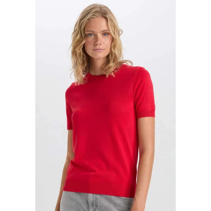 D6916 Regular Fit Bisiklet Yaka Kırmızı Kısa Kollu Triko Kazak