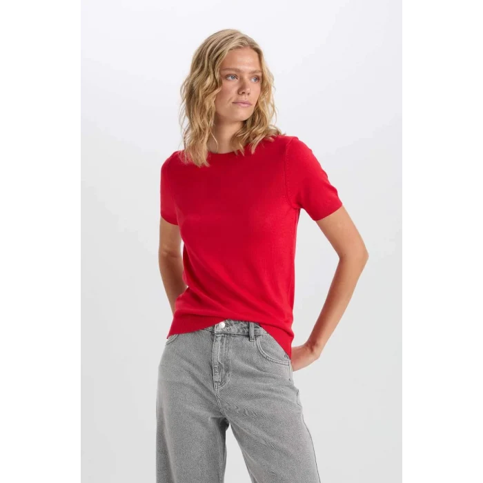 D6916 Regular Fit Bisiklet Yaka Kırmızı Kısa Kollu Triko Kazak