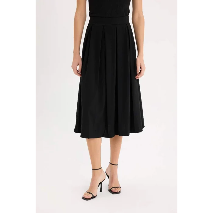 D7003 Piliseli Esnel Belli Basic Düz Siyah Midi Etek