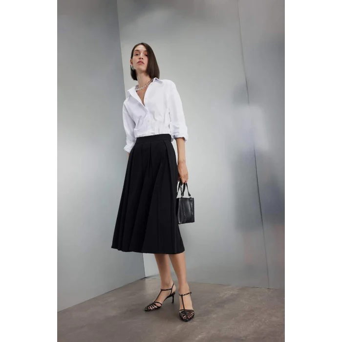 D7003 Piliseli Esnel Belli Basic Düz Siyah Midi Etek