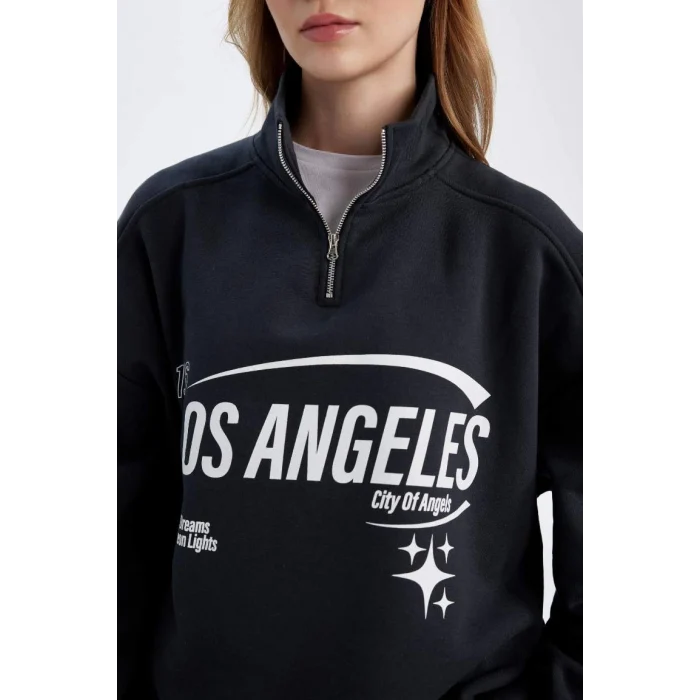 D7013 Loose Fit Yarım Fermuarlı Baskılı Sweatshirt