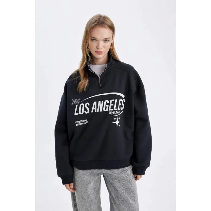 D7013 Loose Fit Yarım Fermuarlı Baskılı Sweatshirt
