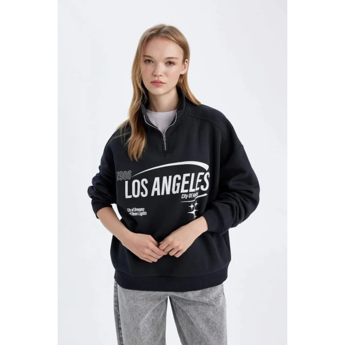 D7013 Loose Fit Yarım Fermuarlı Baskılı Sweatshirt