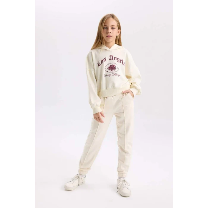 D7041 Ekru Oversize Geniş Kalıp Kapüşonlu Baskılı Sweatshirt