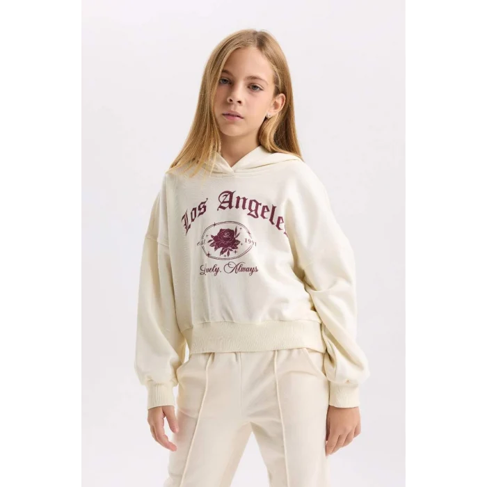 D7041 Ekru Oversize Geniş Kalıp Kapüşonlu Baskılı Sweatshirt