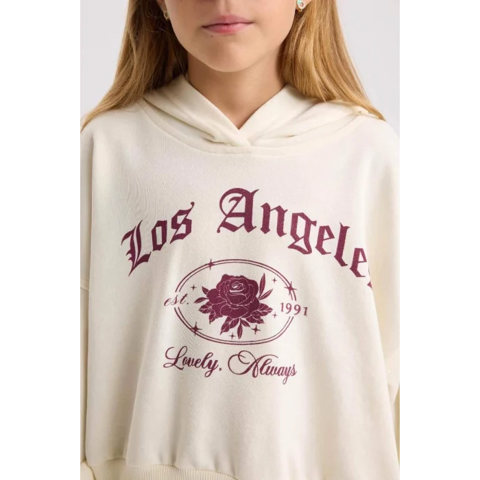 D7041 Ekru Oversize Geniş Kalıp Kapüşonlu Baskılı Sweatshirt