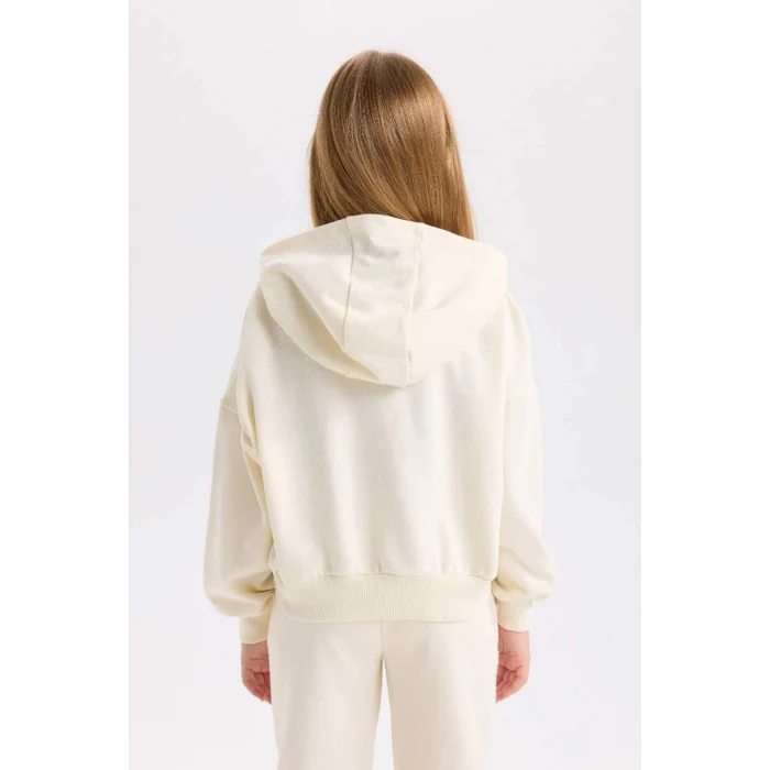 D7041 Ekru Oversize Geniş Kalıp Kapüşonlu Baskılı Sweatshirt