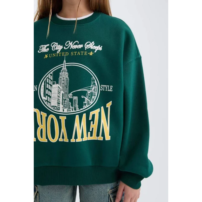 D7045 Oversize Fit Geniş Kalıp Bisiklet Yaka Üniversite Baskılı Sweatshirt