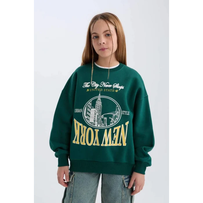 D7045 Oversize Fit Geniş Kalıp Bisiklet Yaka Üniversite Baskılı Sweatshirt