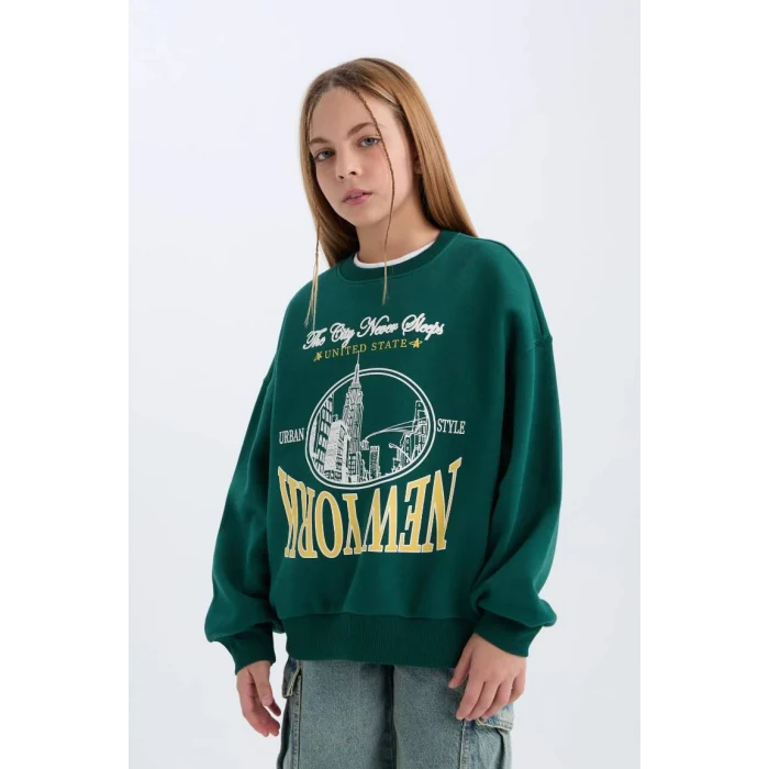 D7045 Oversize Fit Geniş Kalıp Bisiklet Yaka Üniversite Baskılı Sweatshirt