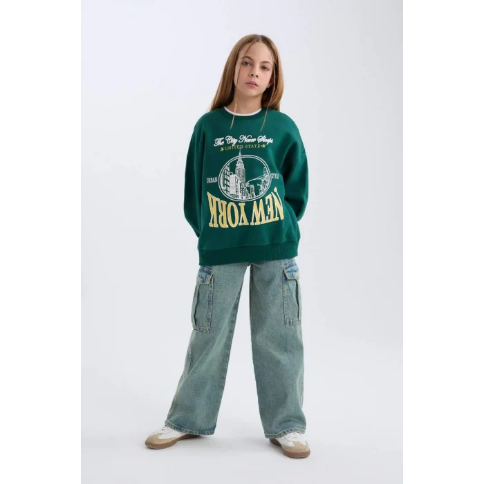 D7045 Oversize Fit Geniş Kalıp Bisiklet Yaka Üniversite Baskılı Sweatshirt