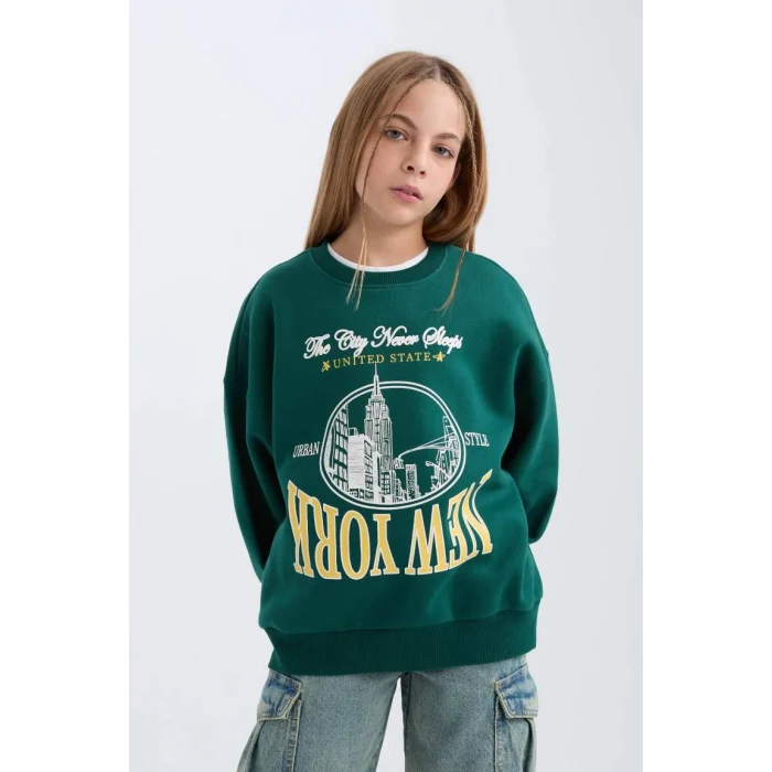 D7045 Oversize Fit Geniş Kalıp Bisiklet Yaka Üniversite Baskılı Sweatshirt
