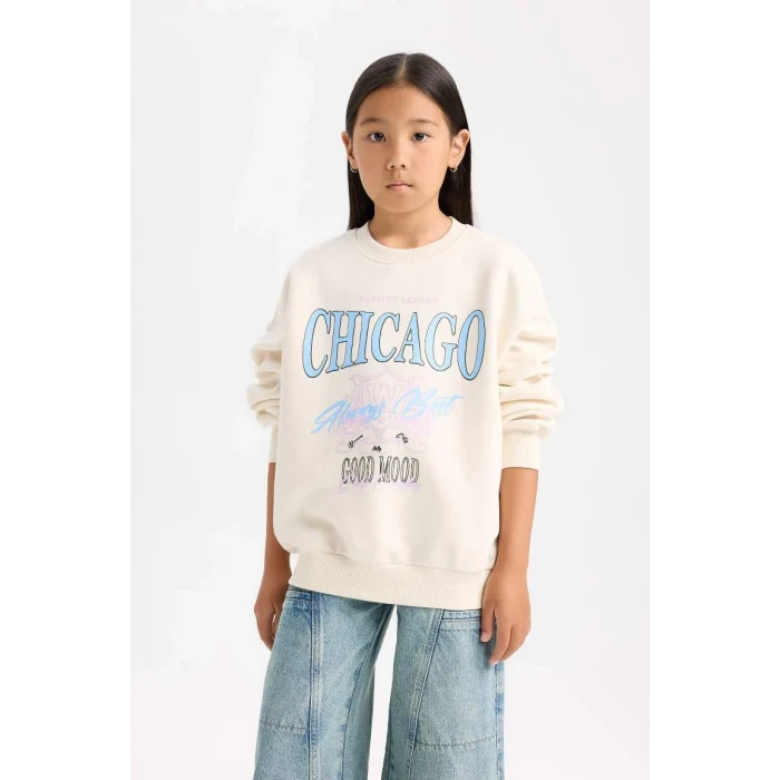 D7046 Relax Fit Bisiklet Yaka Baskılı Sweatshirt