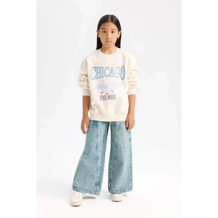 D7046 Relax Fit Bisiklet Yaka Baskılı Sweatshirt